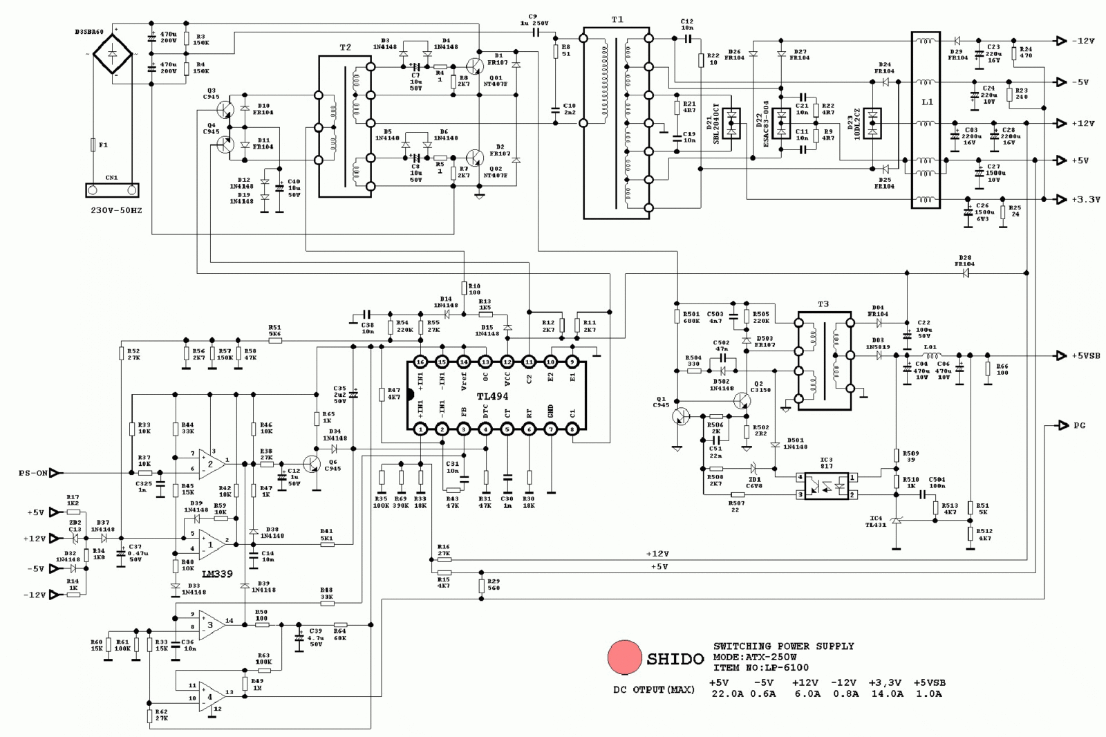 tl494 ve lm339 için bilgisayar güç kaynağı şeması